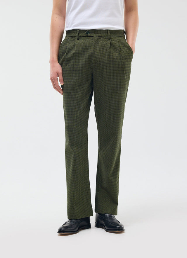 Pleated Tailored Trousers | Micro Check | Forest Green