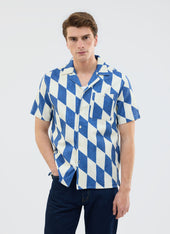 Market Diamond Cuban Shirt | Cotton | Cream with Navy