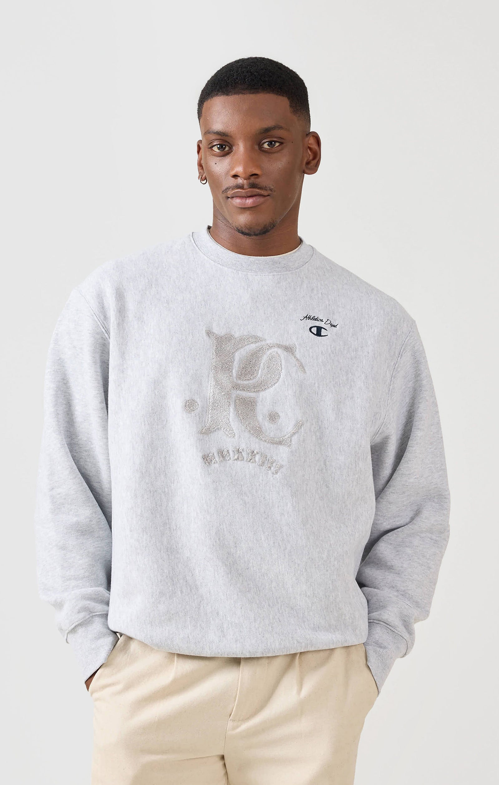 Chenille Patch Jersey Sweatshirt Champion X Percival Grey