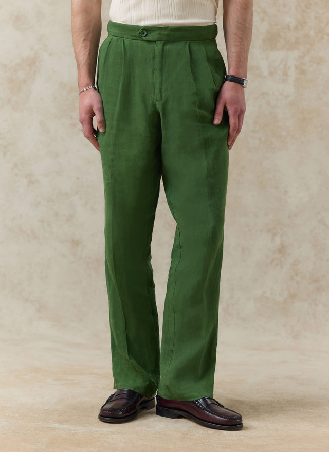 Pleated Tailored Trousers | Linen | Forest