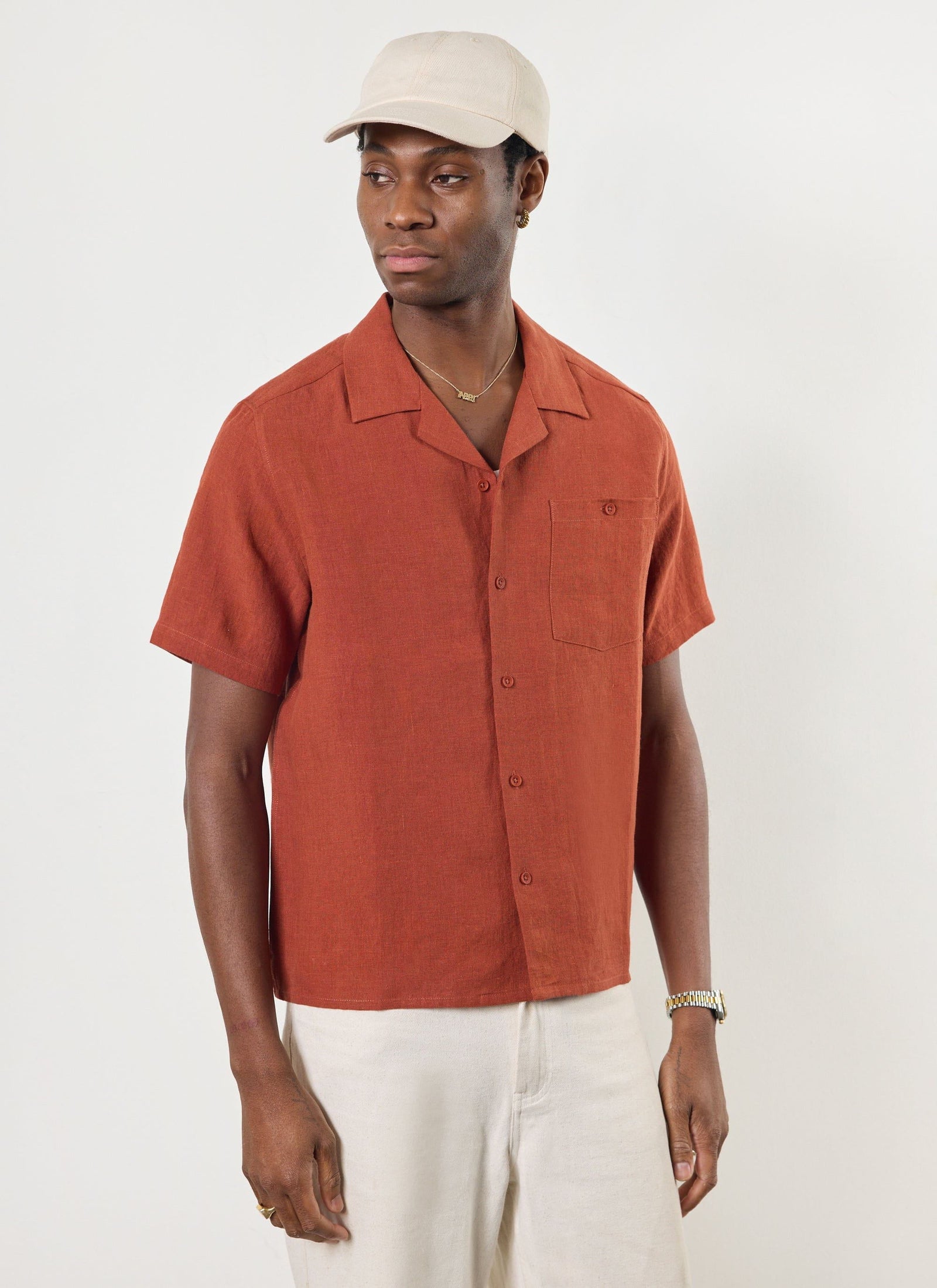 Short Sleeve Cuban Shirt | Linen | Rust