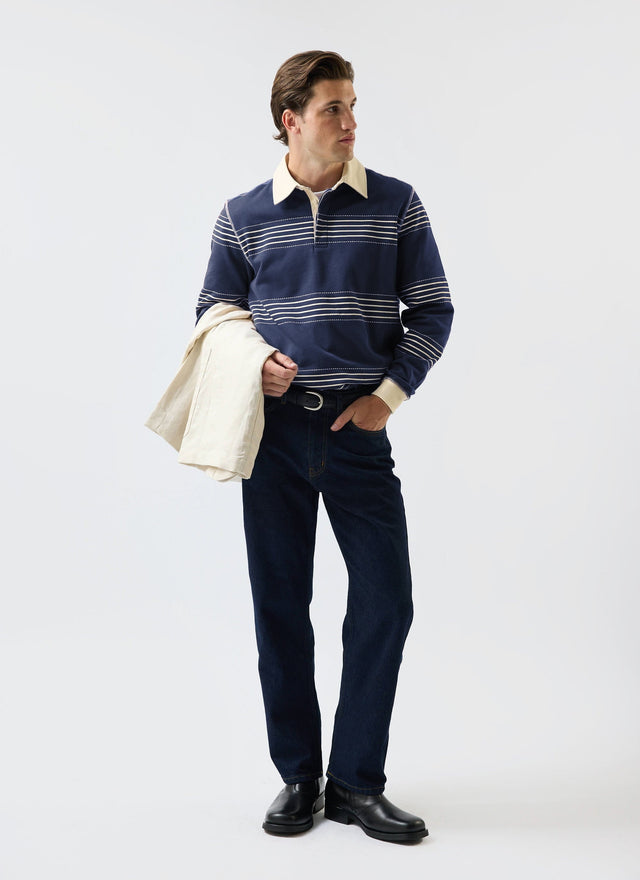 Editor Striped Rugby Polo Shirt | Cotton | Navy