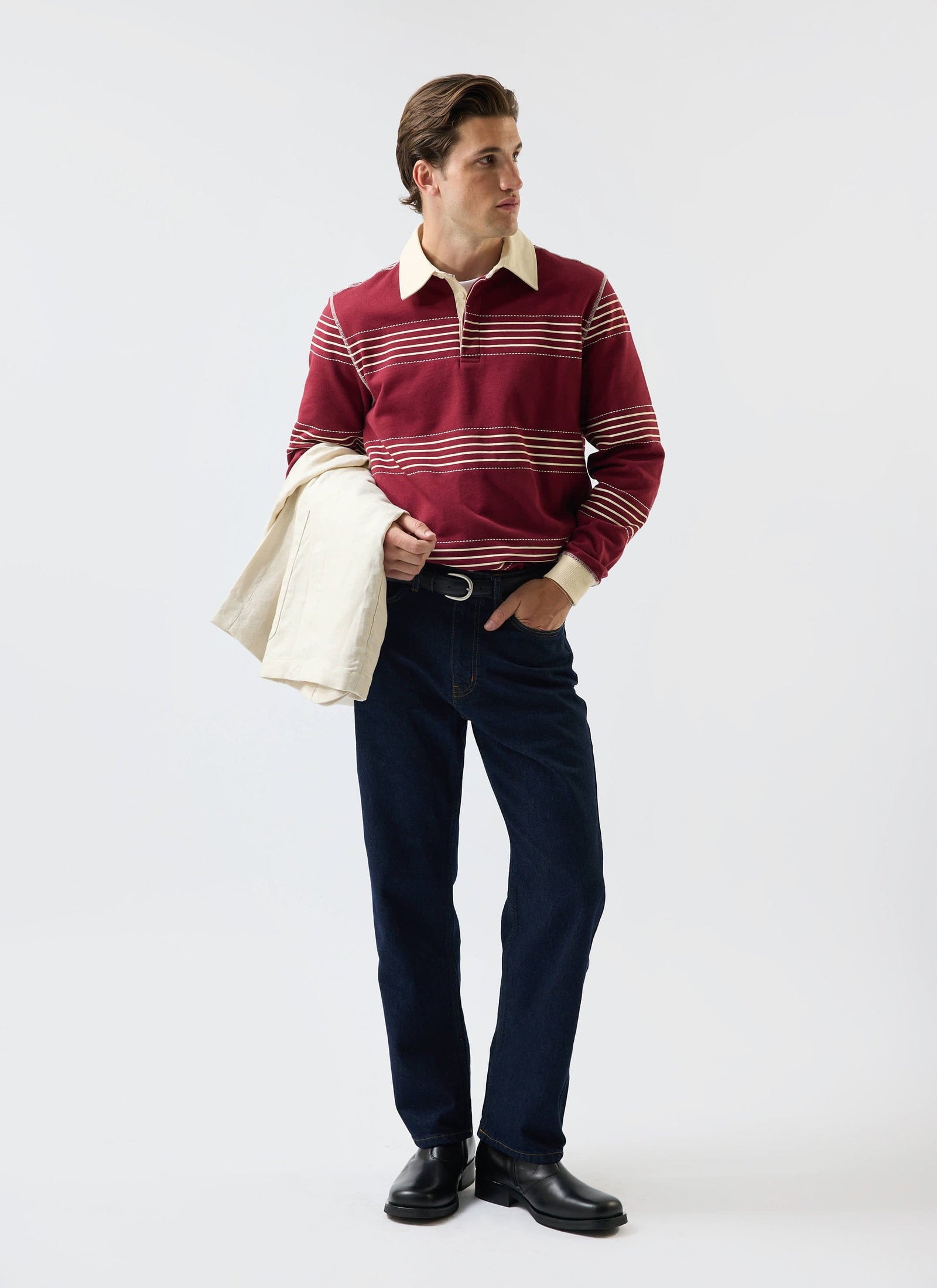 Editor Striped Rugby Polo Shirt | Cotton | Burgundy