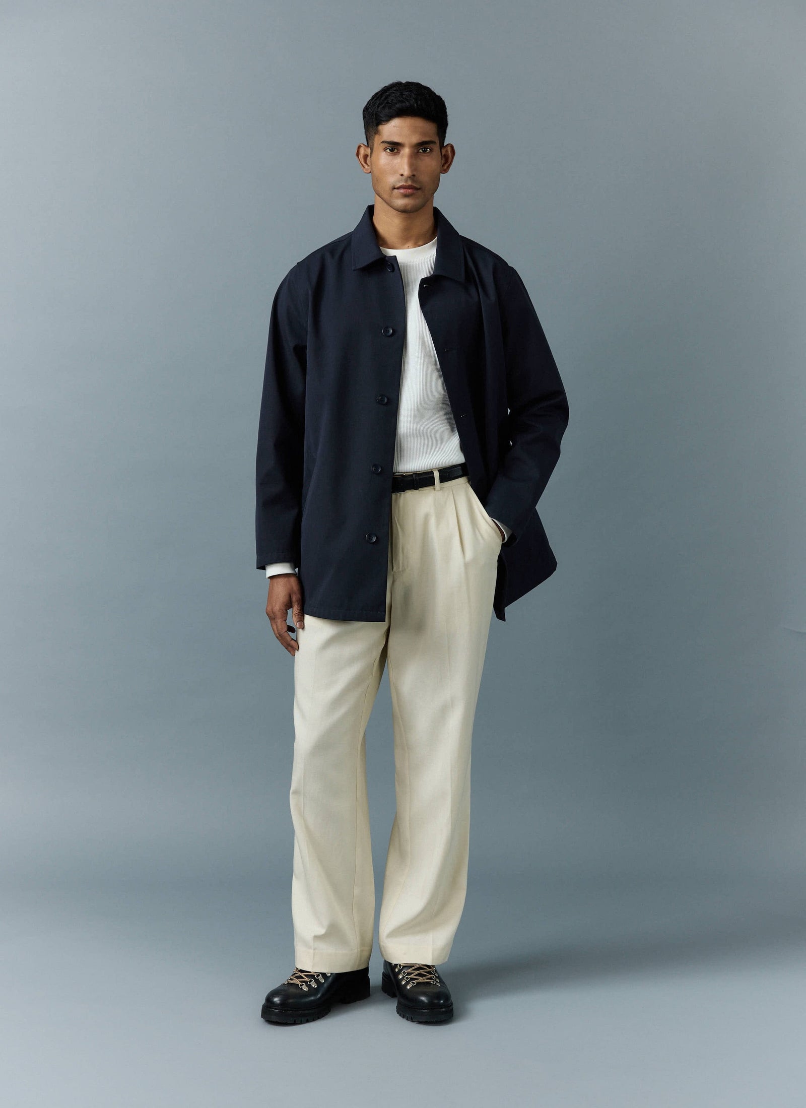 Men's Navy Sherlock Short Trench Coat | Waterproof | Midnight with Olive