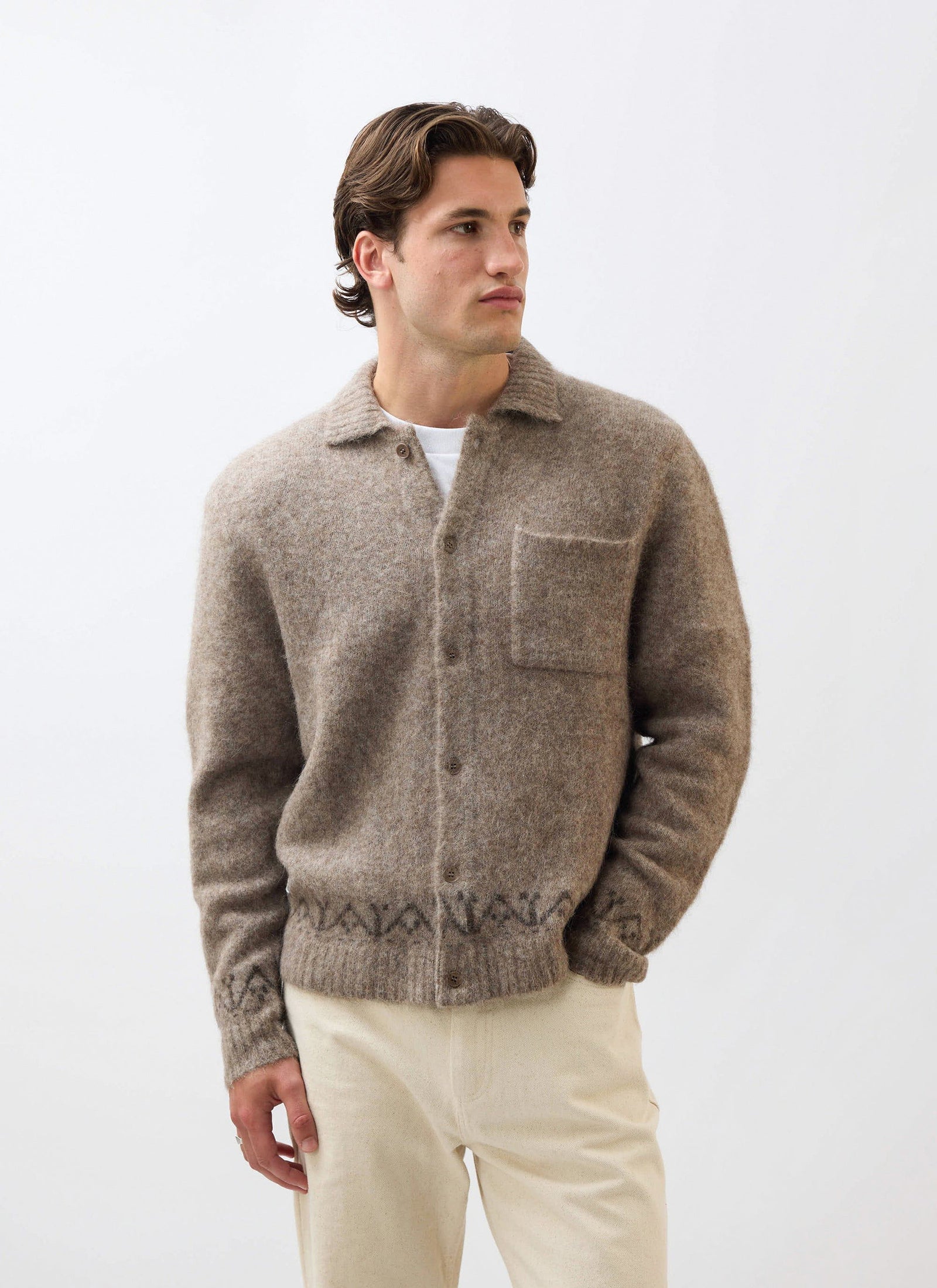 Novel Collared Cardigan Wool Oak