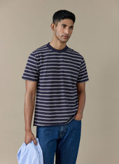 Arlo Raw Hem Breton T Shirt | Organic Cotton | Navy Stripe