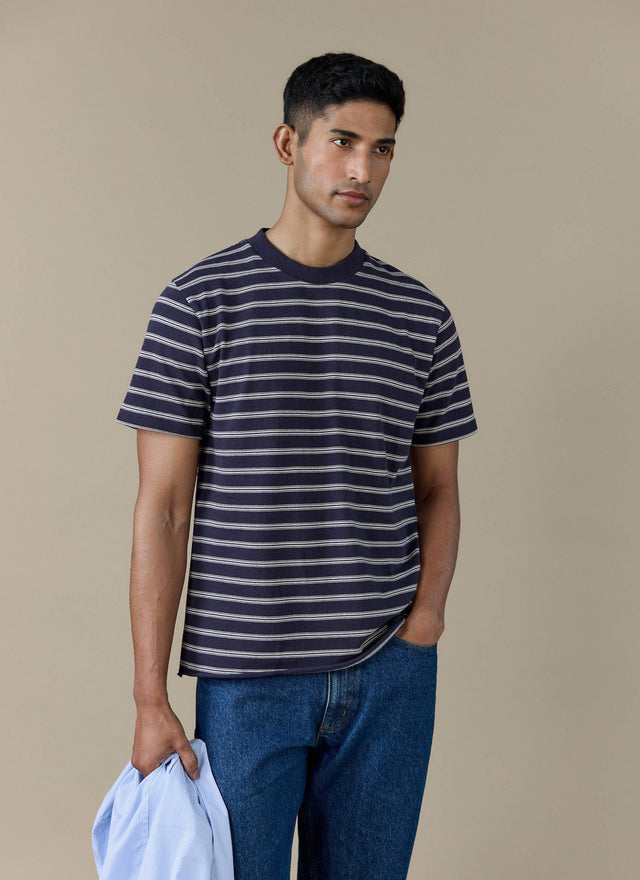 Arlo Raw Hem Breton T Shirt | Organic Cotton | Navy Stripe