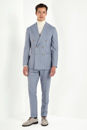 Dusty Blue Striped Double Breasted Suit Made In Italy