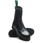 Black Hi-Shine 11 Eye Zipped Platform Derby Boot
