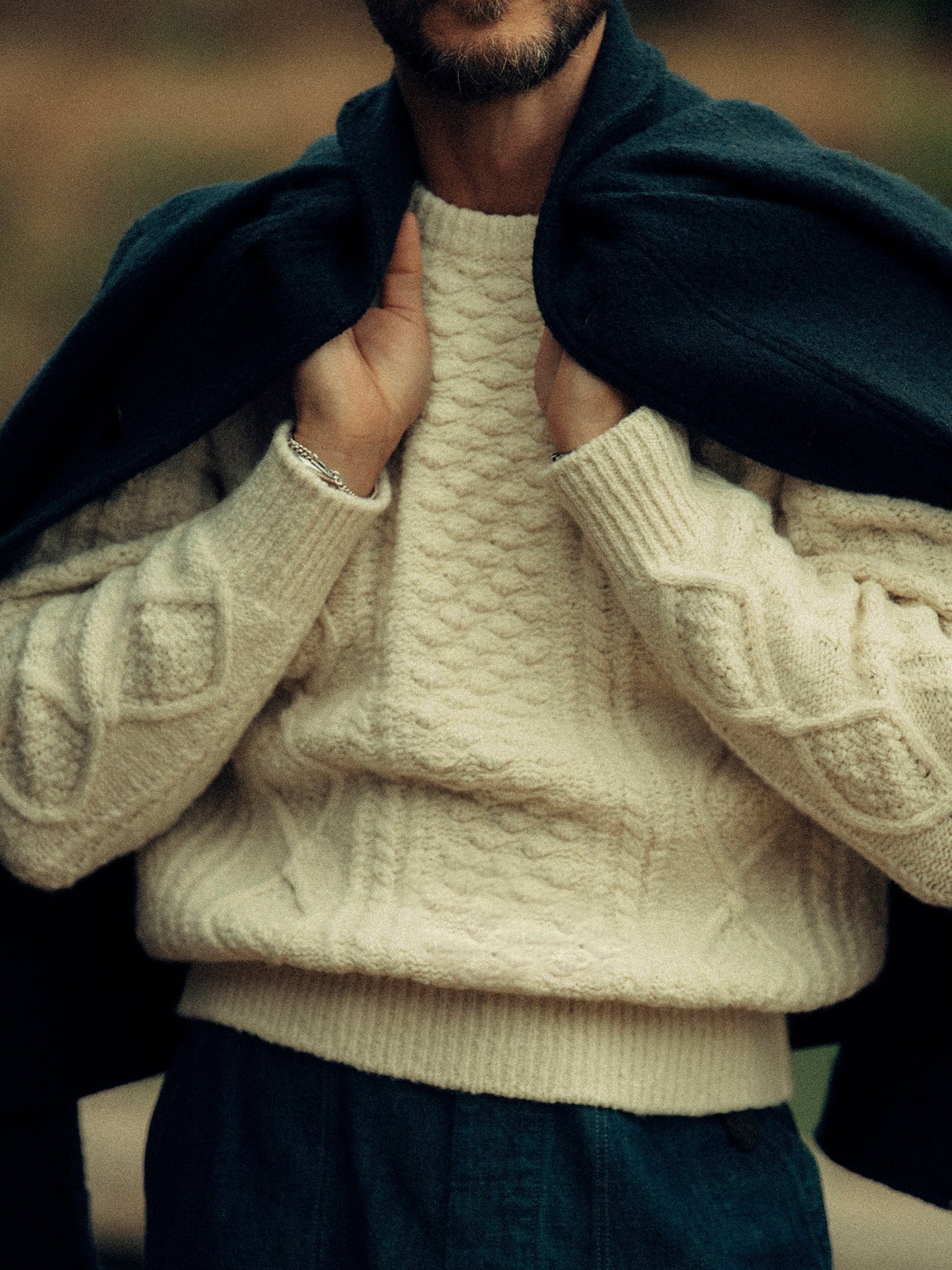 Ivory Seastack Wool Tweed Cable Crew