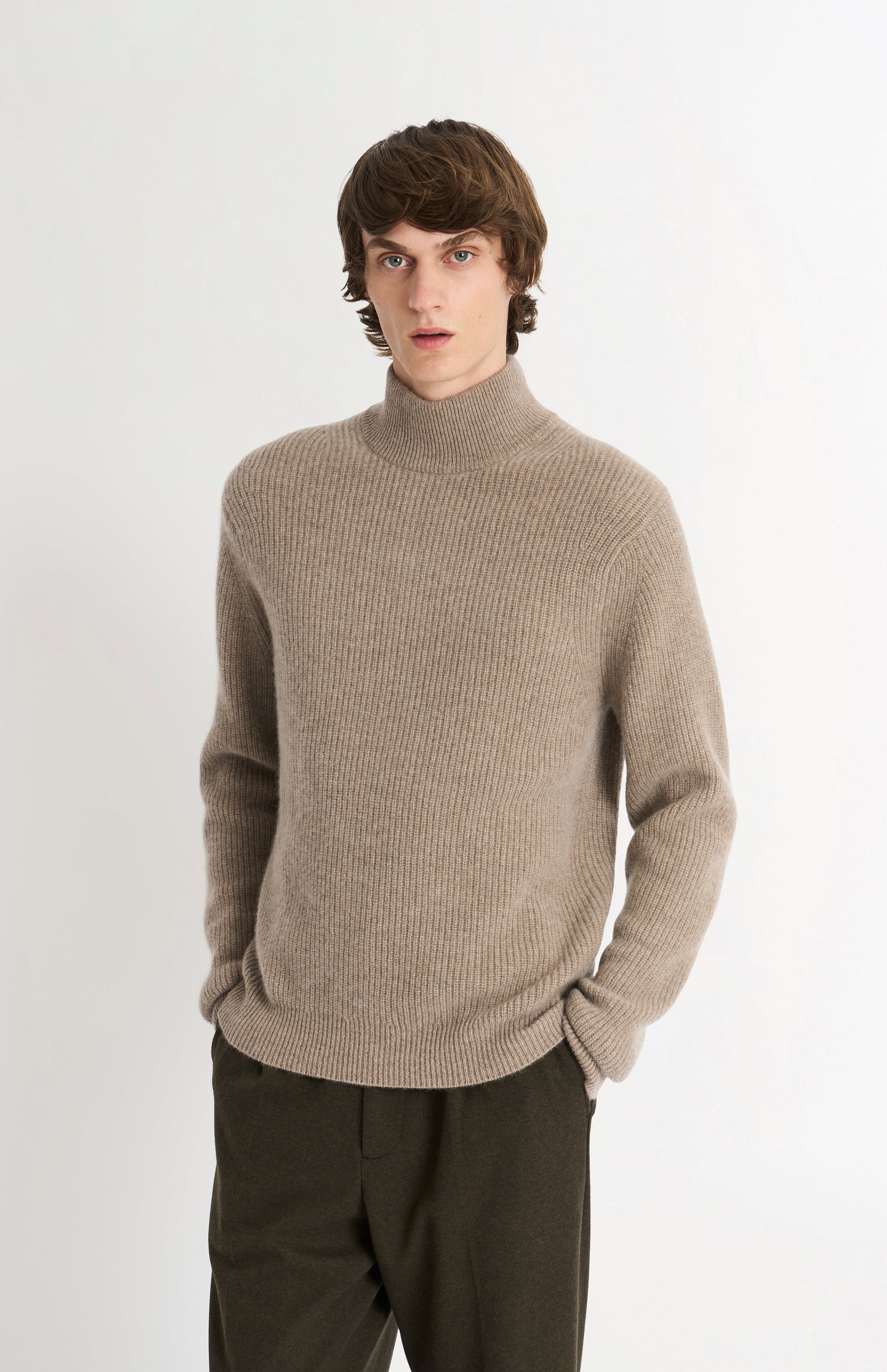 Men's mock Neck Rib Cashmere Jumper In Mushroom Melange