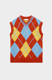 Lambswool Argyle V Neck Vest In Norse Blue / Rust Red
