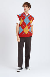 Lambswool Argyle V Neck Vest In Norse Blue / Rust Red