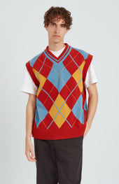 Lambswool Argyle V Neck Vest In Norse Blue / Rust Red