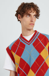Lambswool Argyle V Neck Vest In Norse Blue / Rust Red