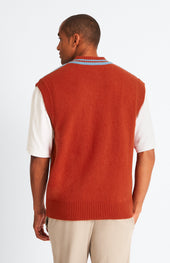 Lambswool Argyle V Neck Vest In Norse Blue / Rust Red