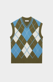 Lambswool Argyle V Neck Vest In Norse Blue / Mineral Green