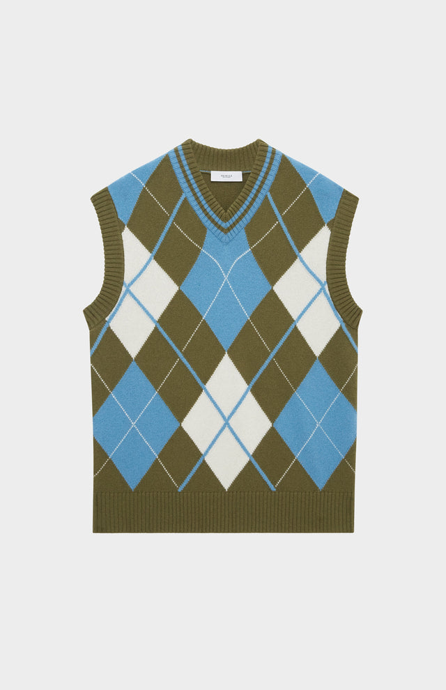Lambswool Argyle V Neck Vest In Norse Blue / Mineral Green