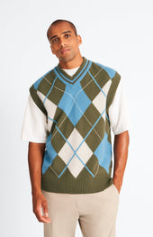 Lambswool Argyle V Neck Vest In Norse Blue / Mineral Green