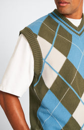 Lambswool Argyle V Neck Vest In Norse Blue / Mineral Green