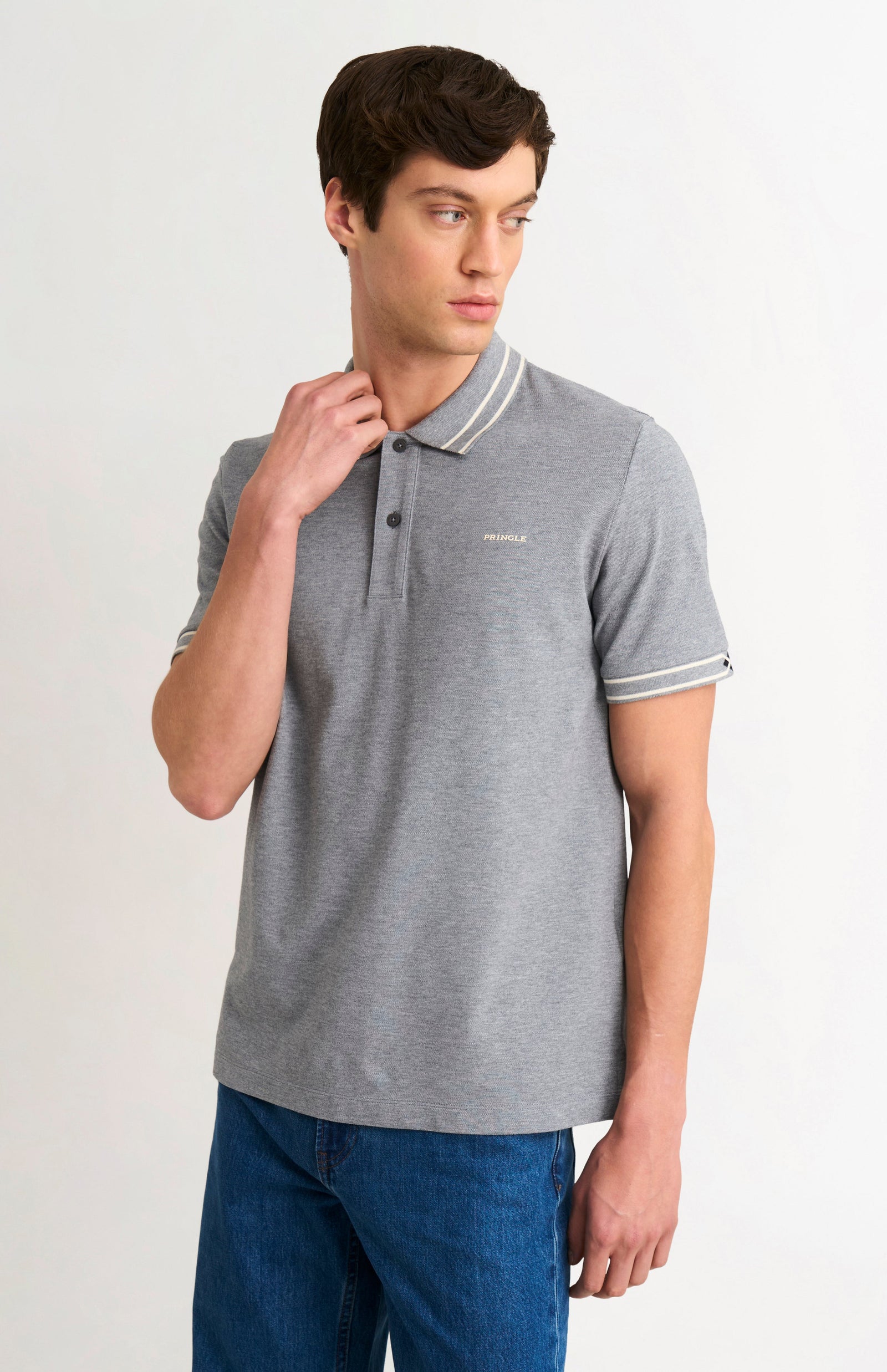 Men's Cotton Pique Polo Shirt With Diamond Jacquard Collar In Grey Melange