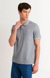 Men's Cotton Pique Polo Shirt With Diamond Jacquard Collar In Grey Melange