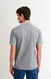 Men's Cotton Pique Polo Shirt With Diamond Jacquard Collar In Grey Melange