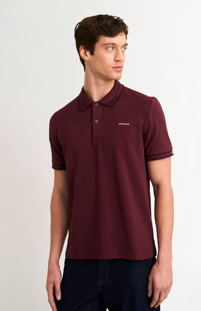 Men's Cotton Pique Polo Shirt With Diamond Jacquard Collar In Burgundy