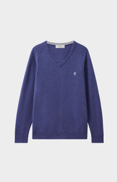 V Neck Lambswool Jumper In Dark Indigo With Contrast Tipping