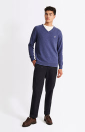 V Neck Lambswool Jumper In Dark Indigo With Contrast Tipping