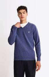 V Neck Lambswool Jumper In Dark Indigo With Contrast Tipping