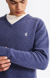 V Neck Lambswool Jumper In Dark Indigo With Contrast Tipping