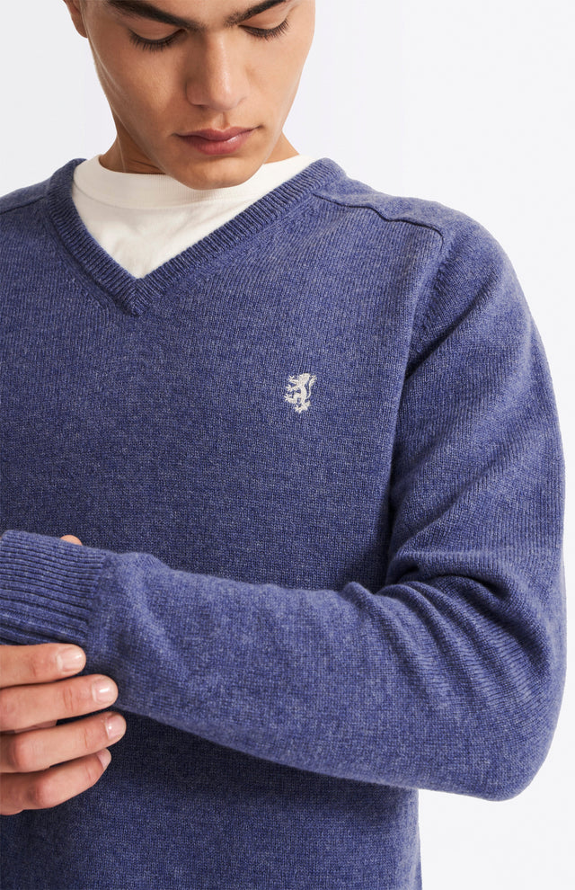 V Neck Lambswool Jumper In Dark Indigo With Contrast Tipping