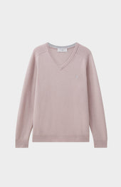V Neck Lambswool Jumper In Dusty Pink With Contrast Tipping