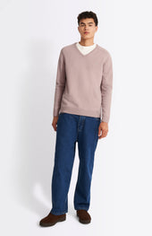 V Neck Lambswool Jumper In Dusty Pink With Contrast Tipping