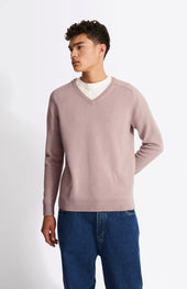 V Neck Lambswool Jumper In Dusty Pink With Contrast Tipping