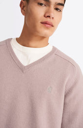 V Neck Lambswool Jumper In Dusty Pink With Contrast Tipping