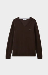V Neck Lambswool Jumper In Dark Umber With Contrast Tipping