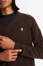 V Neck Lambswool Jumper In Dark Umber With Contrast Tipping