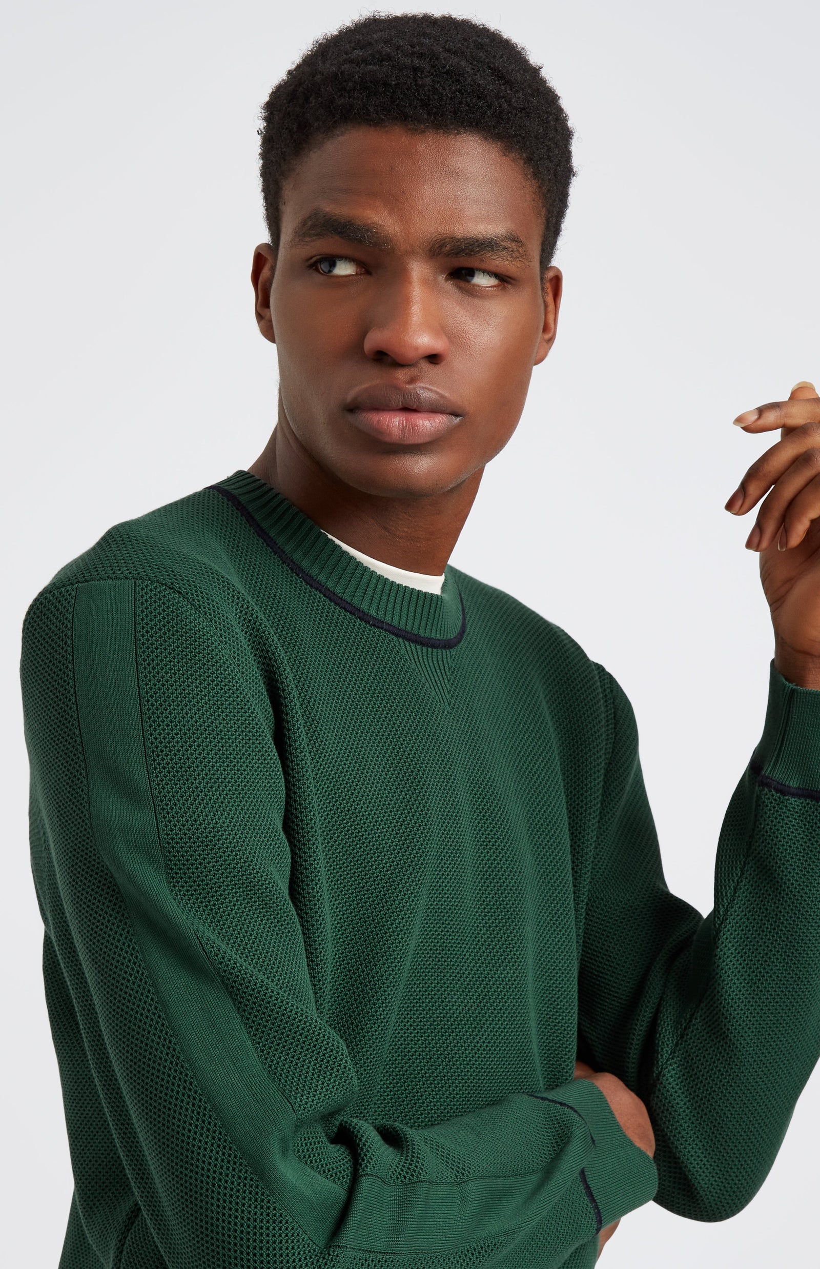 Men's Round Neck Cotton Sweatshirt Jumper In Forest Green / Navy