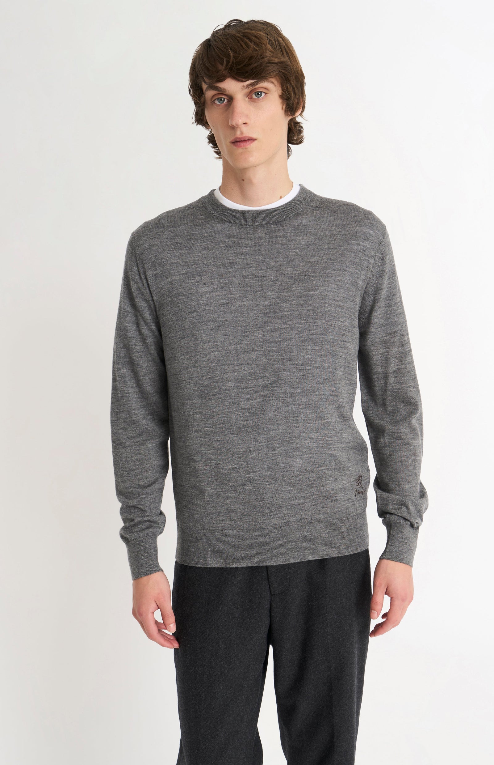 Men's Crew Neck Extra Fine Merino Wool Jumper In Grey Melange