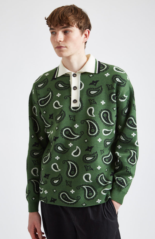 Shirt Neck Merino Jumper With Paisley Birdseye Jacquard In Emerald