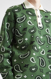 Shirt Neck Merino Jumper With Paisley Birdseye Jacquard In Emerald