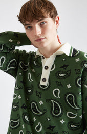 Shirt Neck Merino Jumper With Paisley Birdseye Jacquard In Emerald