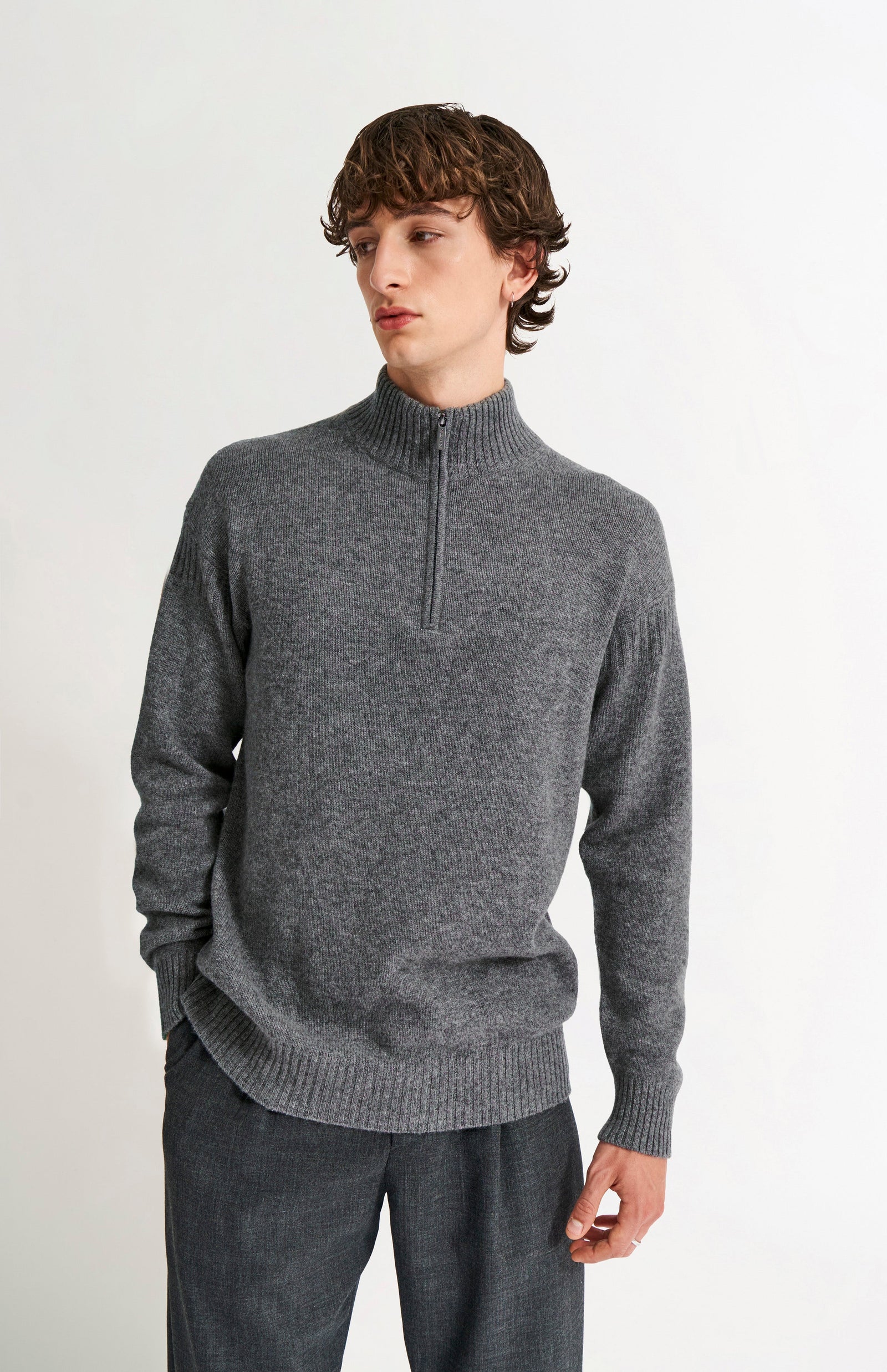 Men's Zip Neck Cashmere Jumper In Grey Melange