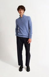 Men's Qtr Zip Cashmere Classic Jumper In Blue Melange