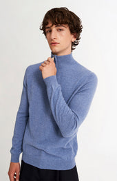 Men's Qtr Zip Cashmere Classic Jumper In Blue Melange