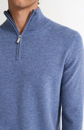Men's Qtr Zip Cashmere Classic Jumper In Blue Melange