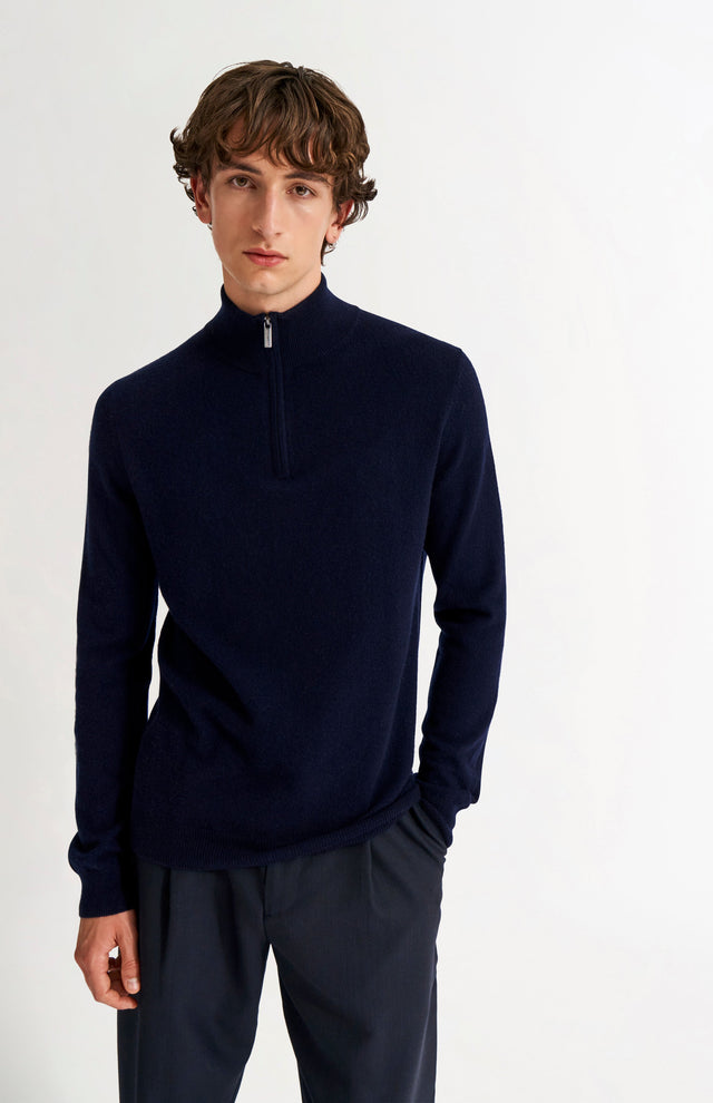 Men's Qtr Zip Cashmere Classic Jumper In Navy Melange