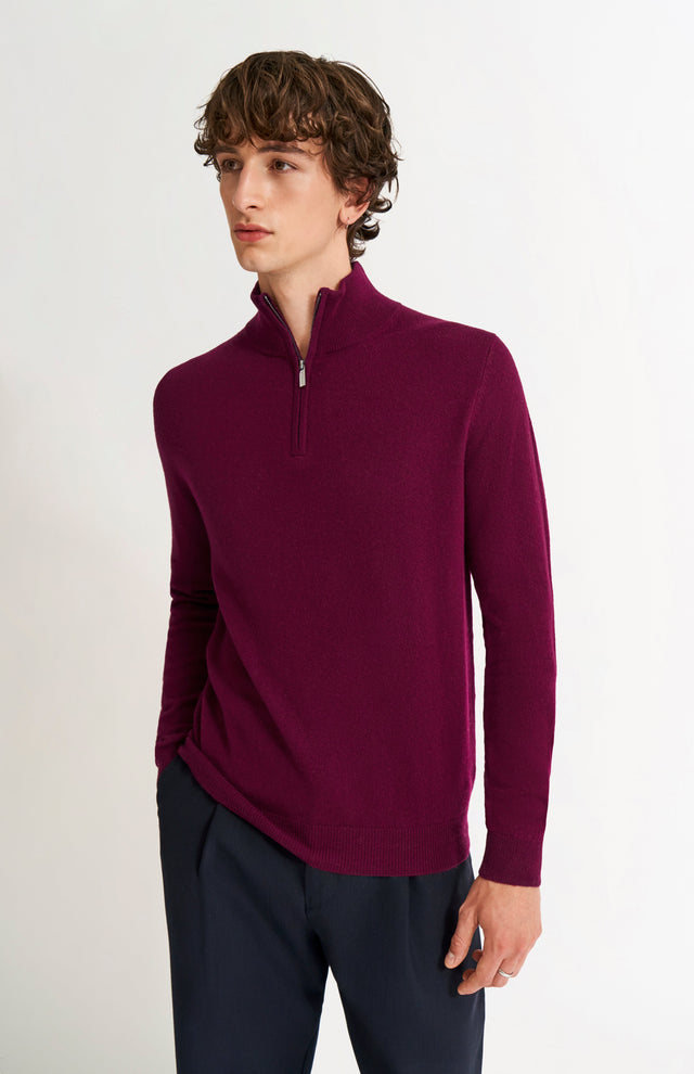 Men's Qtr Zip Cashmere Classic Jumper In Burgundy